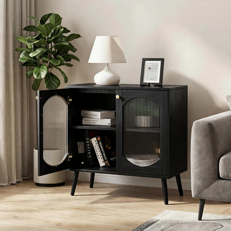 Garvee Buffet 80x80x40cm Armoire De Cuisine En Bois Laminé Avec Portes En Verre Rainuré Pour Salon Et Salle À Manger, Grande Capacité, Design Intemporel