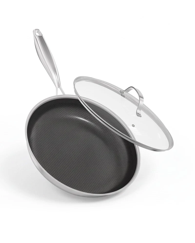 Garvee Poêle à Frire 11'' Antiadhésive Inox 3 Couches Avec Couvercle En Verre Pour Cuisson Saine Maison, Poignée Fraîche, Compatible Tous Feux