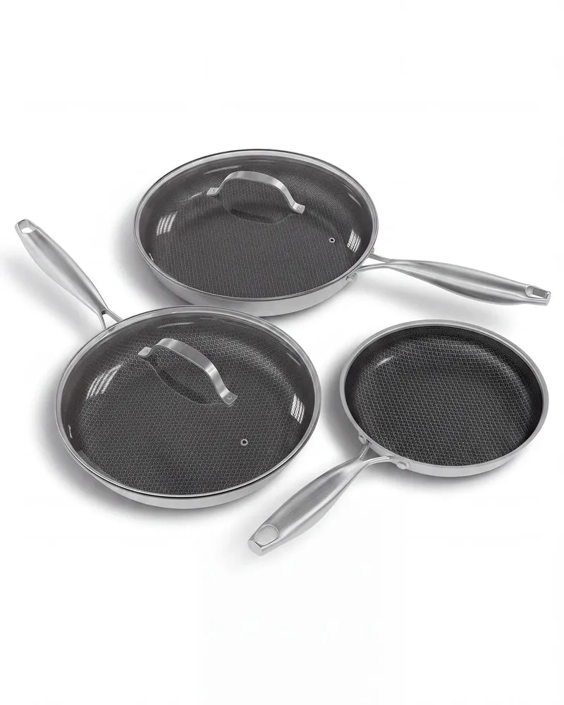 Garvee Poêles Antiadhésives 8+10+11" 3-Couches Acier Inoxydable Aluminium Cœur Poignées Reste Froid Cuisine Maison