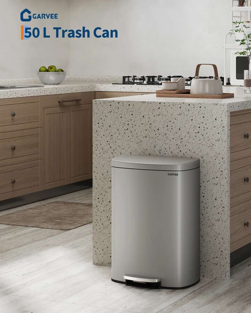 Garvee Mülleimer 50L En Acier Inoxydable 410 Ferritique Pour Cuisine Moderne, Grand Volume, Soft-Close, Poignée Ergonomique, Résistant Rayures