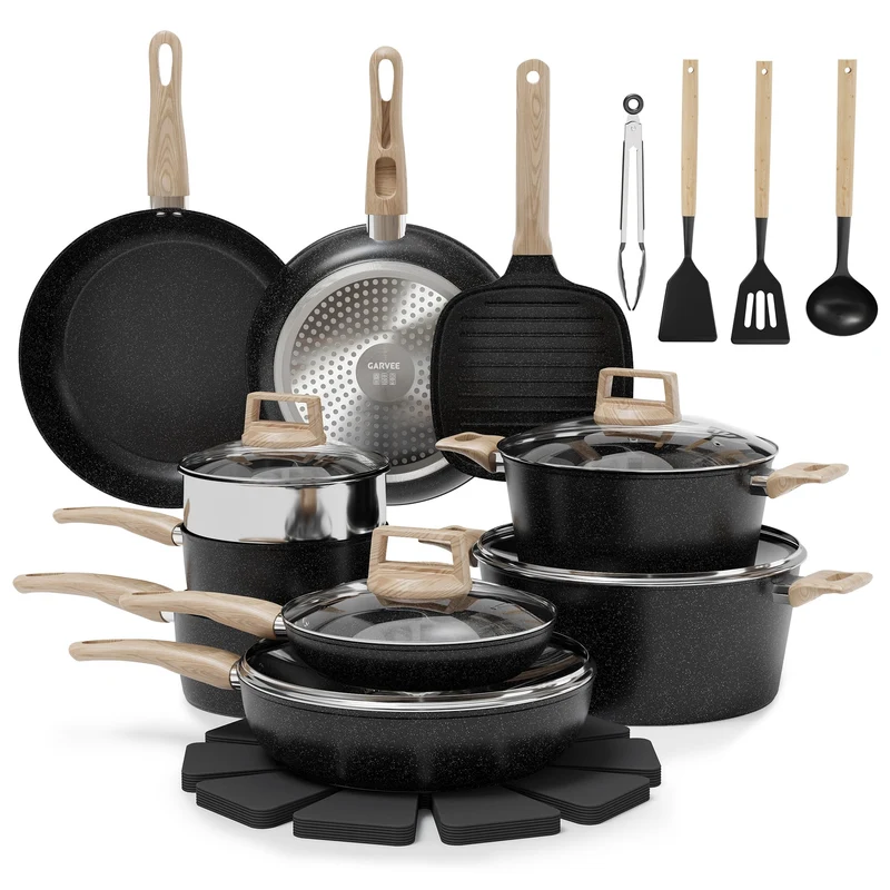 Garvee Set De 26 Pièces Batterie De Cuisine Antiadhésive Céramique Avec Poignées Bois Aluminium Durable Compatible Induction Pour Cuisine Familiale