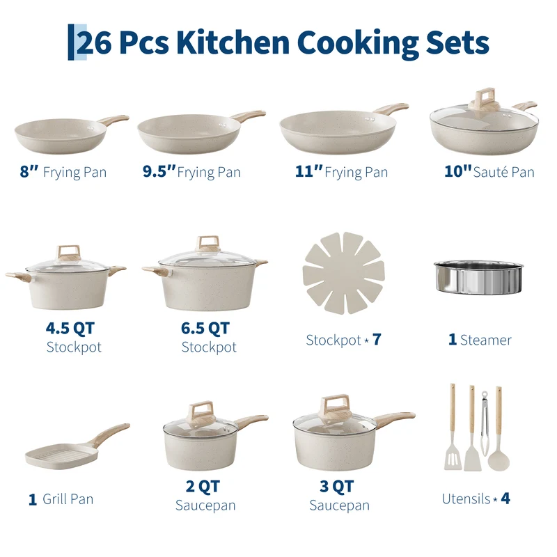 Garvee Set De 26 Pièces Batterie De Cuisine En Céramique Antiadhésive Compatible Induction Pour Cuisine Familiale