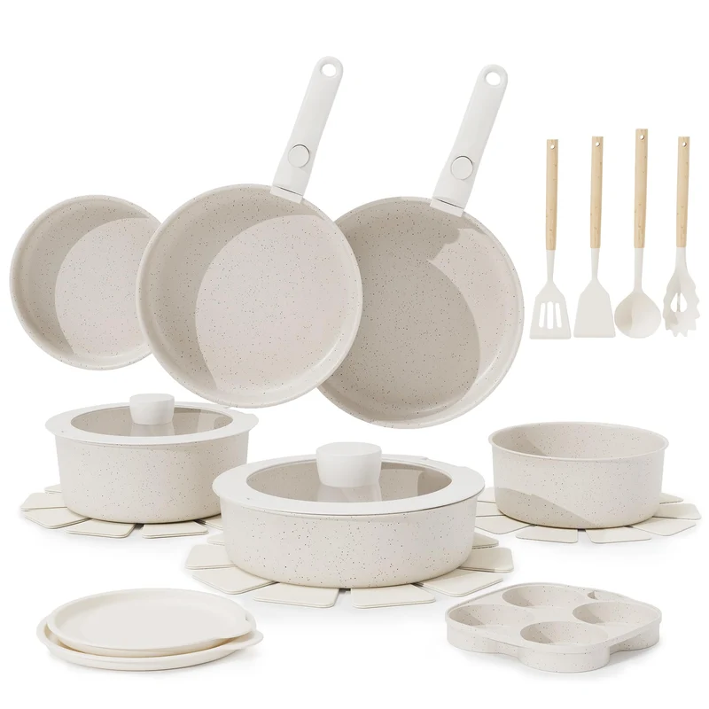 Garvee Set De Cuisine 21 Pièces Poêles Antiadhésives Céramique Poignées Détachables Aluminium Léger Compatible Induction Cuisine Familiale
