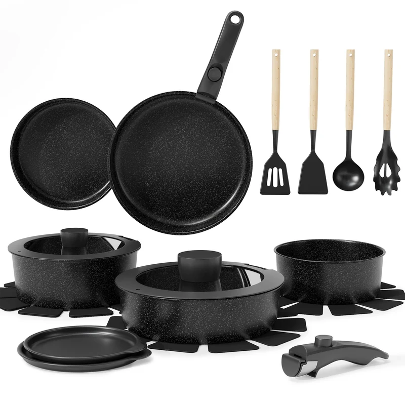Garvee Batterie De Cuisine 19 Pièces Antiadhésive Avec Poignée Amovible Pour Cuisine Compacte, Aluminium Léger, Revêtement Céramique, Compatible Induction