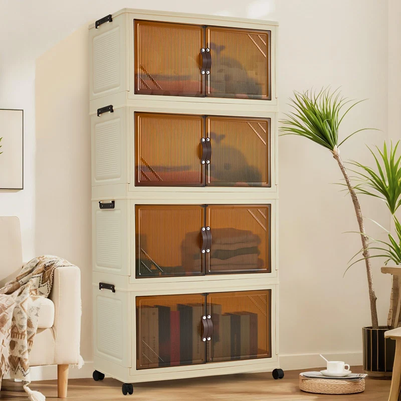 Garvee Armoire Pliable 4 Niveaux 57cm Large Double Portes Pour Chambre Et Rangement Plastique PP Robuste Empilable