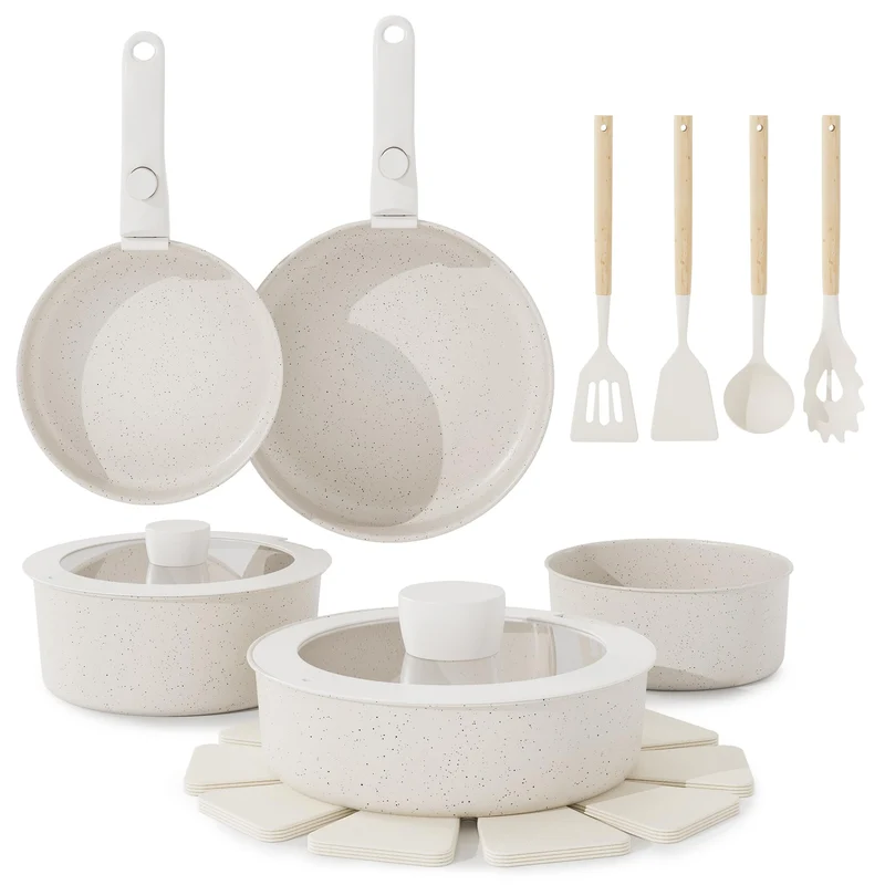 Garvee Set De 17 Pièces De Casseroles Antiadhésives Avec Poignées Amovibles Pour Cuisine Compacte, Aluminium Léger, Revêtement Céramique