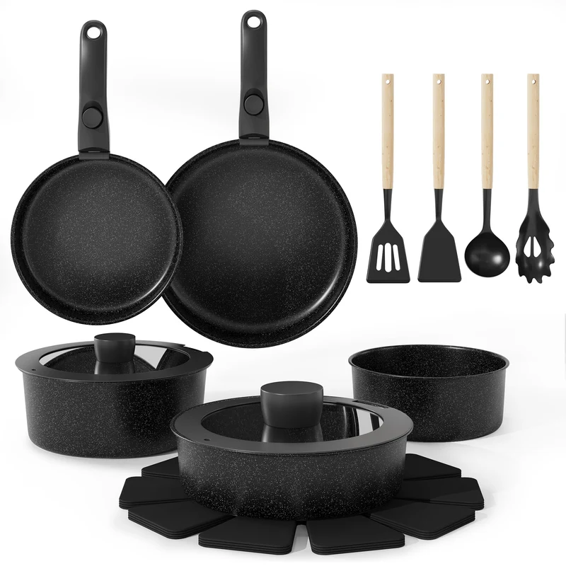 Garvee Set De Casseroles 17 Pcs Non-Adhésif Céramique Poignées Amovibles Cuisine Familiale Aluminium Léger