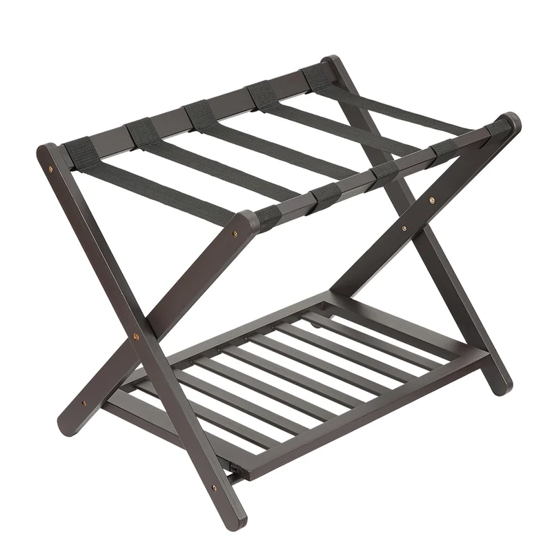 Garvee Support À Bagages Pliant En Bambou Premium Robuste Durable Avec Étagère Inférieure Pour Chambres Et Hôtels Noir