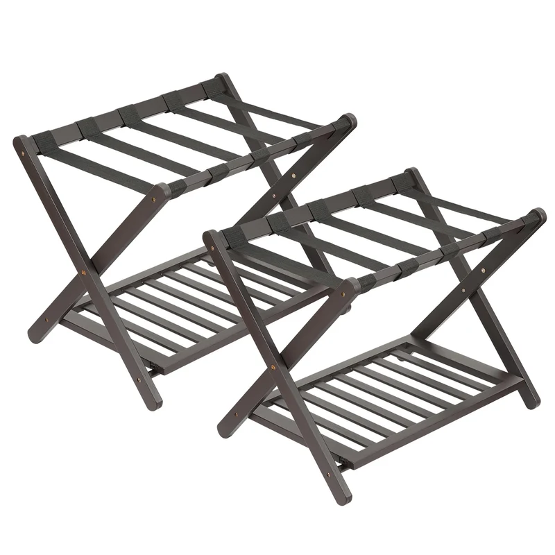 Garvee Support À Bagages Pliant En Bambou Premium Robuste Avec Étagère Inférieure Pour Chambres Et Hôtels Noir