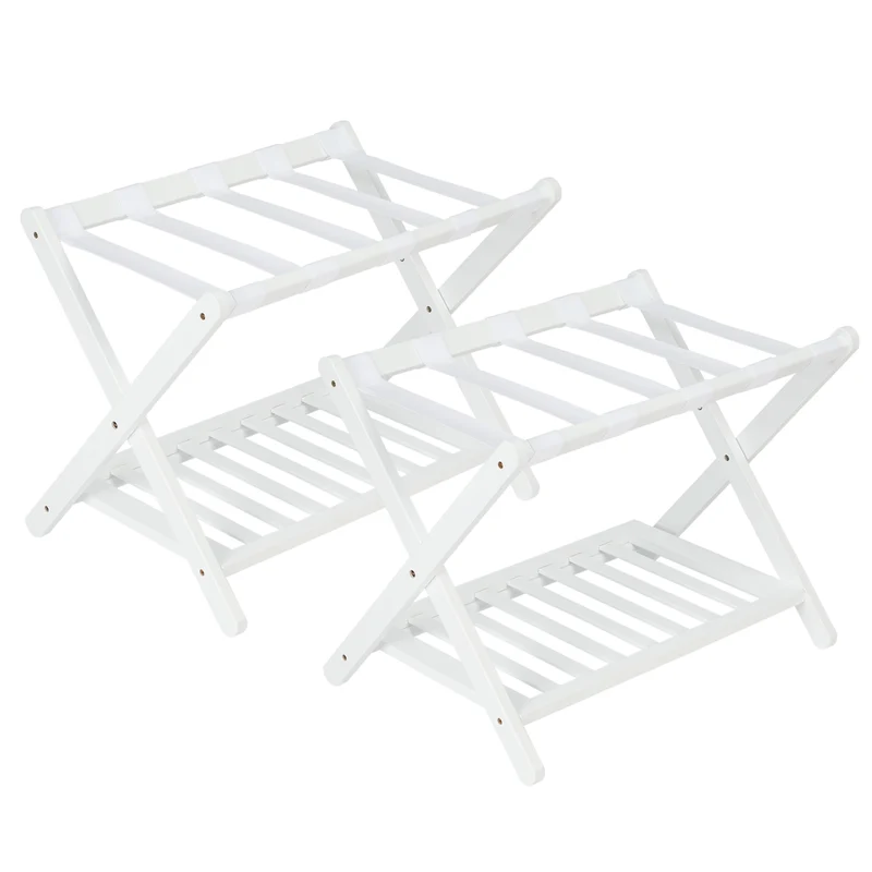 Garvee Porte-Bagages Pliant En Bambou Premium Avec Étagère De Rangement Et Sangles En Nylon Pour Chambres Et Hôtels, 2 Niveaux, Noir, 150 lb