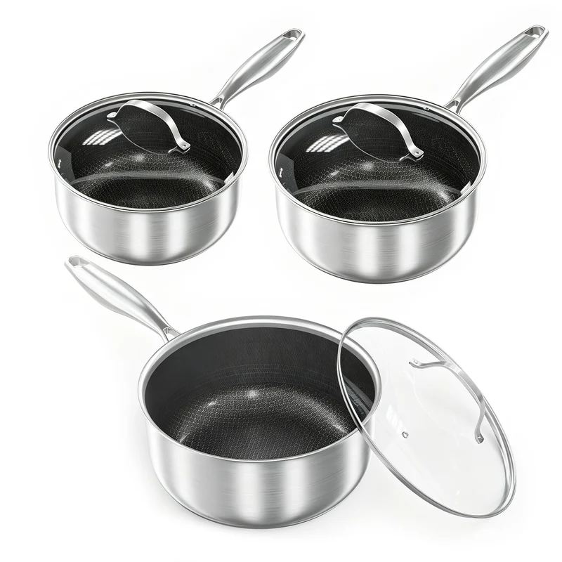Garvee Batterie De Casseroles 3 Pièces Inox 3 Plis Avec Revêtement Céramique Antiadhésif, Compatible Induction, Cuisine Maison, Tailles 1.5-3 QT, Poignées Isolantes