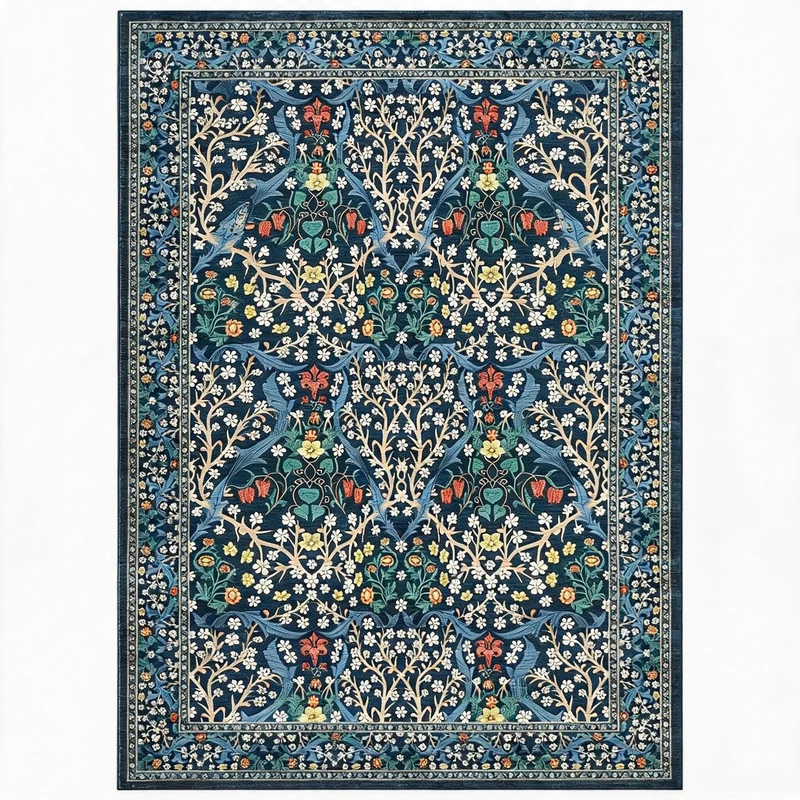 Garvee Tapis Vintage Floral Lavable Antidérapant Résistant Aux Taches Fibre Synthétique Plate Bleu Marine 200x290 cm Salon Cuisine