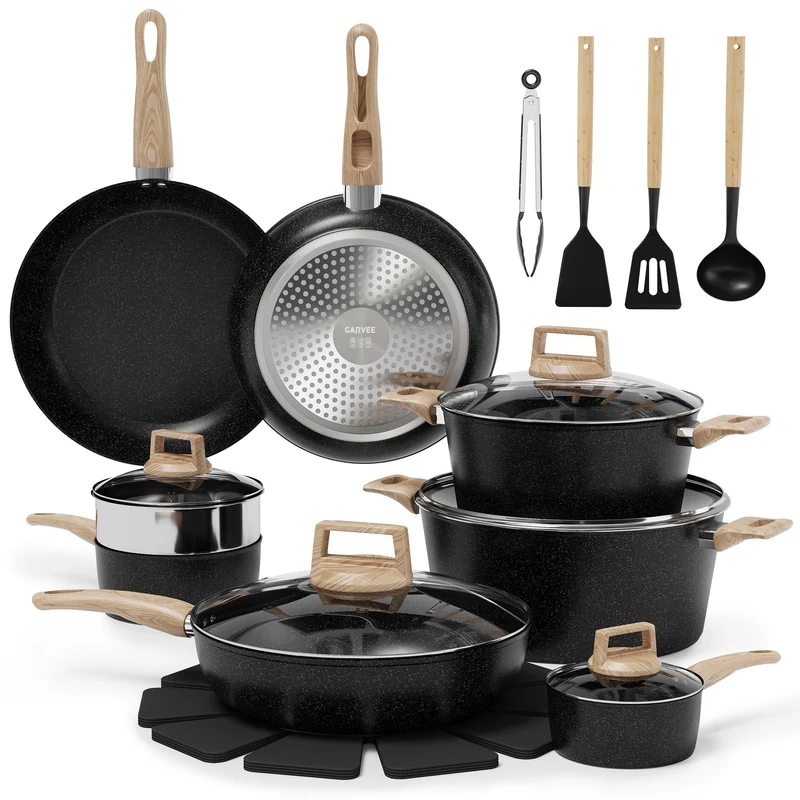 Garvee Set De Casseroles Et Poêles 21 Pcs Antiadhésif Avec Poignées Ergonomiques Compatible Tous Feux Cuisine Quotidienne