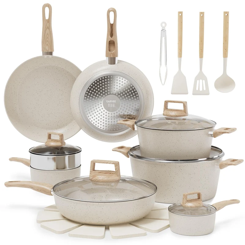 Garvee Set De 21 Pièces Batterie De Cuisine Antiadhésive Casseroles Et Poêles Revêtement Blanc Compatible Tous Feux Cuisine Quotidienne