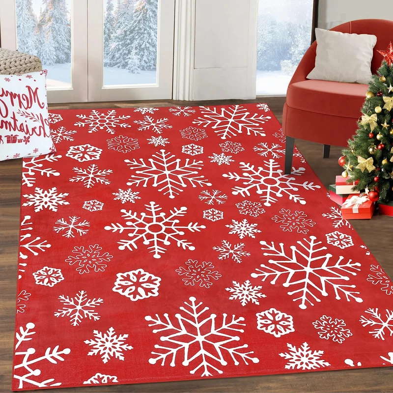 Garvee Alfombra Navidad Pasillo Rouge Copos De Nieve Terciopeleo Lavable Pour Entrée Et Cuisine, Taille Idéale, Rouge Festif