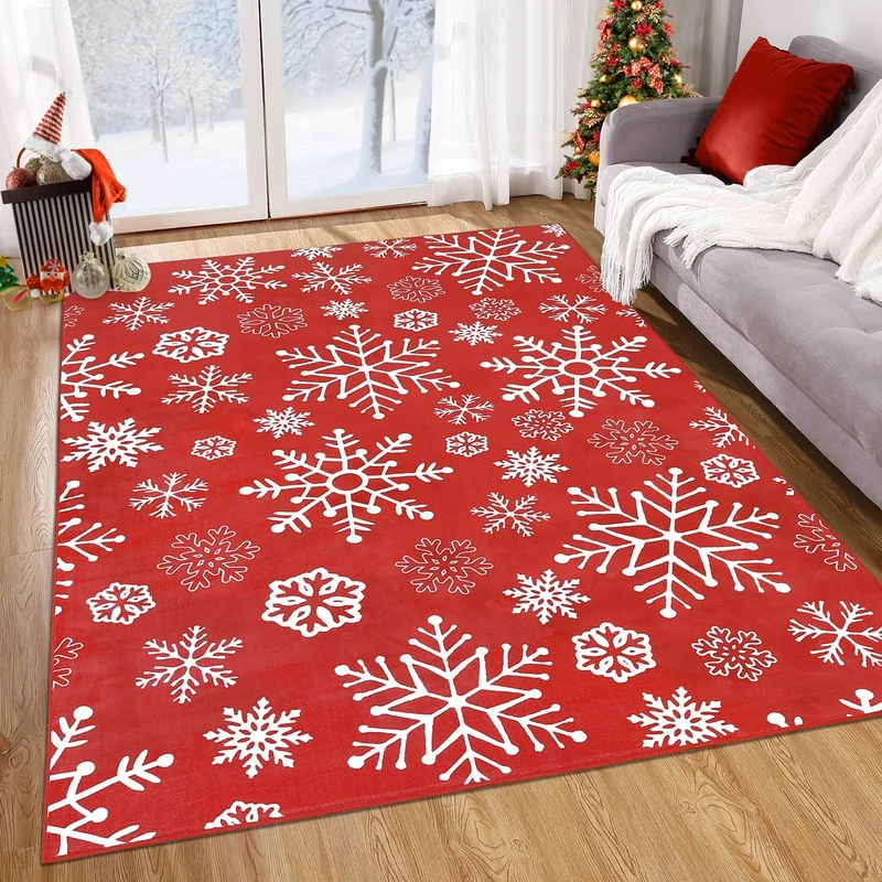 Garvee Alfombra Navidad Pasillo Lavable Rouge Copos de Nieve Velours Doux Antidérapant Pour Entrée Et Cuisine
