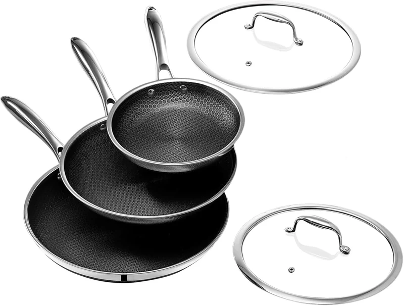Garvee Batterie De Cuisine 3 Pièces TA1 Titanium Sans Revêtement Tri-Ply Compatible Induction Avec Couvercles En Verre Pour Cuisine Quotidienne 20-28cm Argent