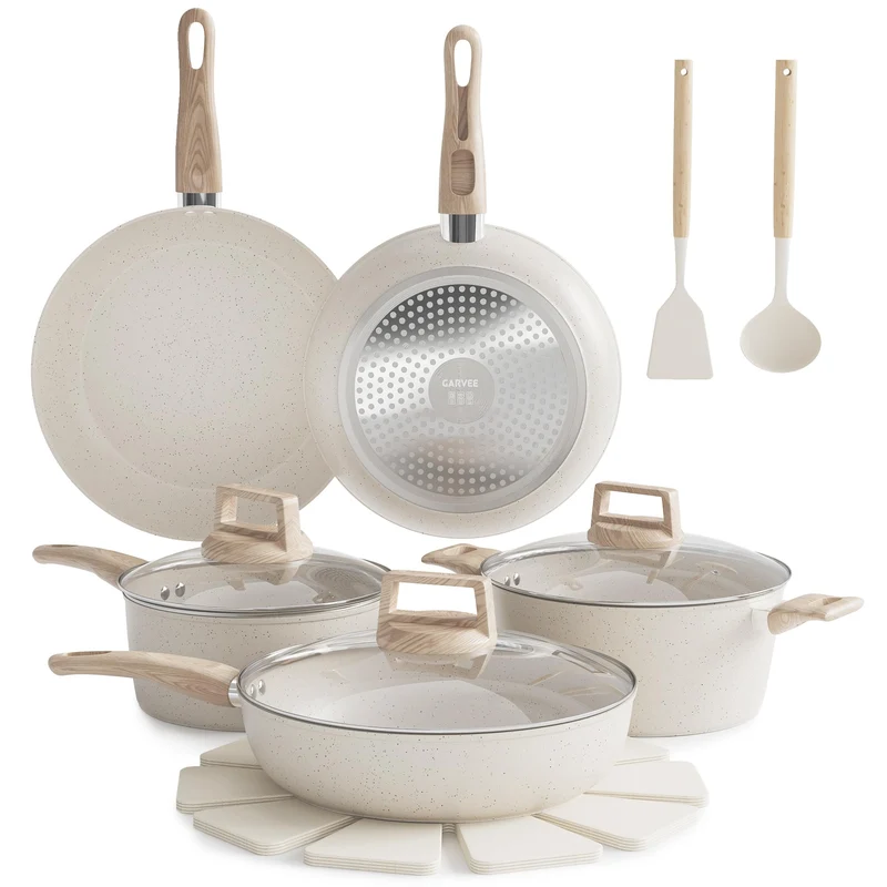Garvee Set De Casseroles 14 Pièces Antiadhésif Céramique Avec Poignées Bois Et Couvercles Verre Pour Cuisine Familiale, Aluminium, Compatible Induction