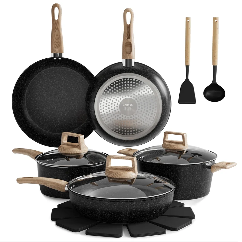 Garvee Set De 14 Pièces De Casseroles Antiadhésives En Céramique Avec Poignée Bakélite Bois Pour Cuisson Familiale Compatible Induction