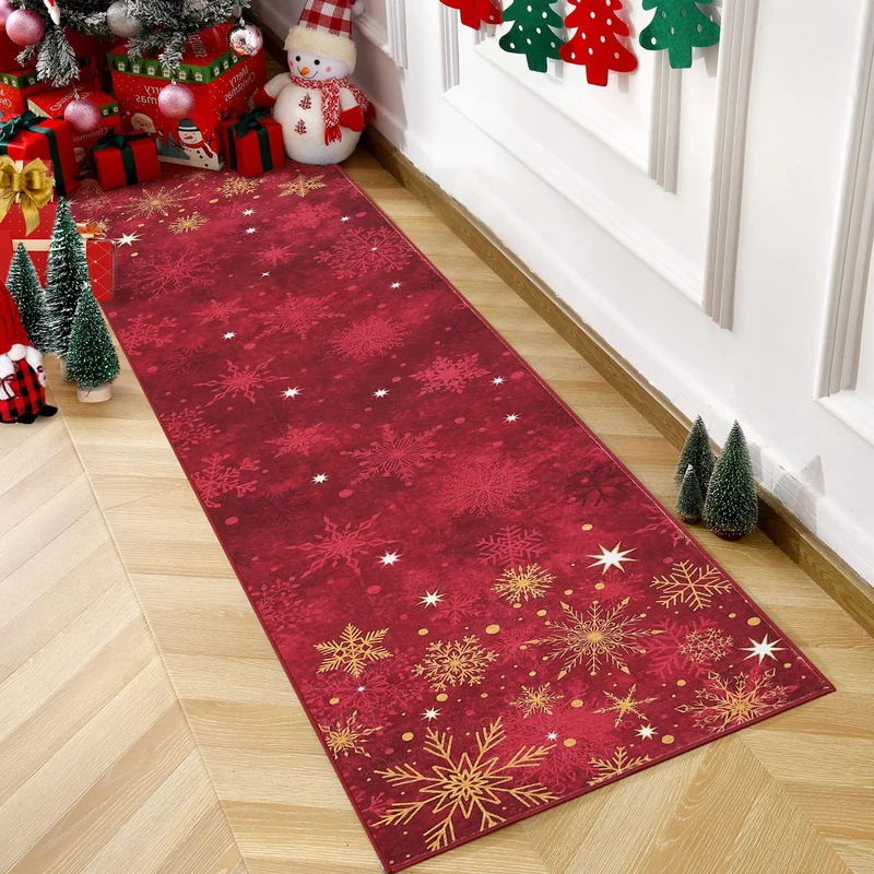 Garvee Tapis De Noël 60x180 Cm Rouge Lavable Antidérapant Motifs Flocons & Étoiles Salon & Chambre