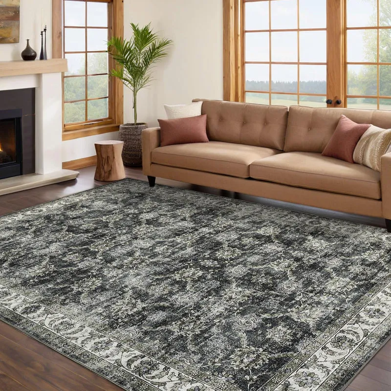 Garvee Tapis Vintage 160x230cm Gris Floral Antidérapant Lavable Polyester Confort Enfants Animaux Séjour