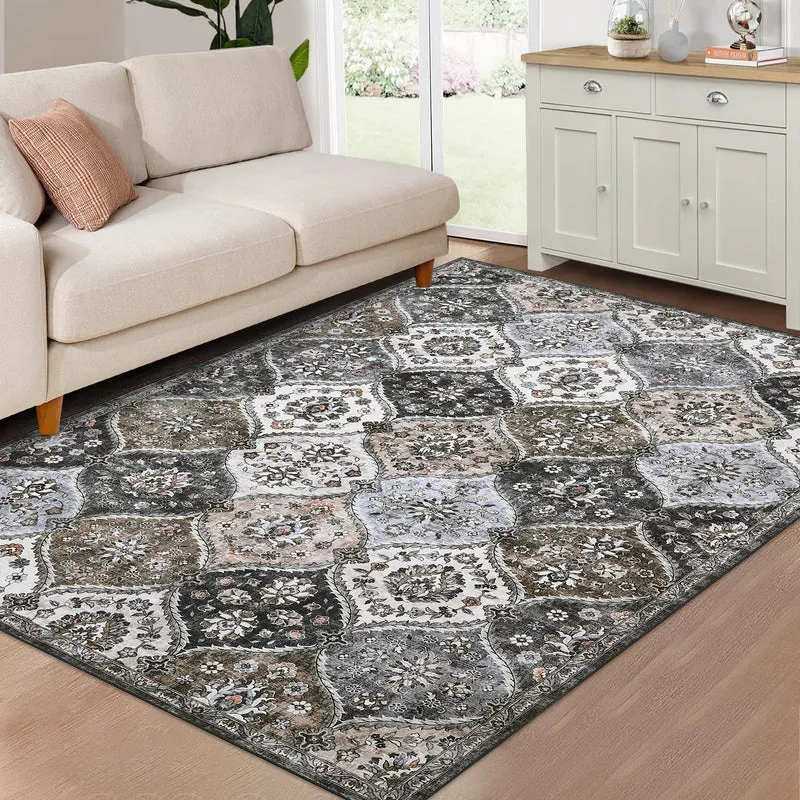 Garvee Tapis Vintage Lavable 160x230cm Floral Rétro Antidérapant Polyester Court Poil Gris Café Salon & Chambre