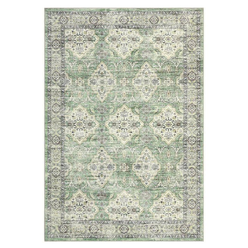 Garvee Tapis Vintage Orient 240x340 cm Vert Grand Court Poil Polyester Antidérapant TPR Lavable Pliable Salon & Chambre
