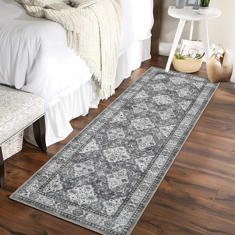 Garvee Tapis Vintage Lavable En Polyester Doux Antidérapant Pour Salon Chambre Salle À Manger Gris Bleu