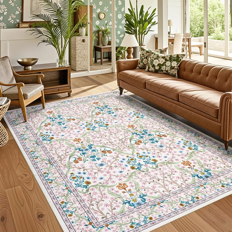 Garvee Tapis Floral Lavable Antidérapant Ultradoux en Fausse Laine Pour Salon et Chambre d'Enfants, Ultra-fin, Design Botanique Moderne