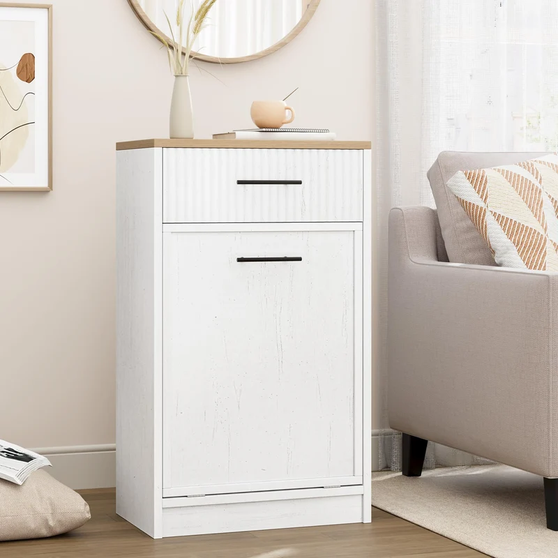 Garvee Meuble Poubelle Flûté Avec Bac 10 Gallons, Porte Basculante 30°, Bois Ingénierie Durable, Cuisine Moderne, Blanc