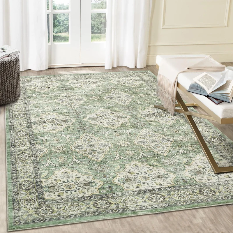 Garvee Tapis Vintage Lavable 5x7 8x10 Pieds Motif Floral Bohème Antidérapant Polyester Doux
