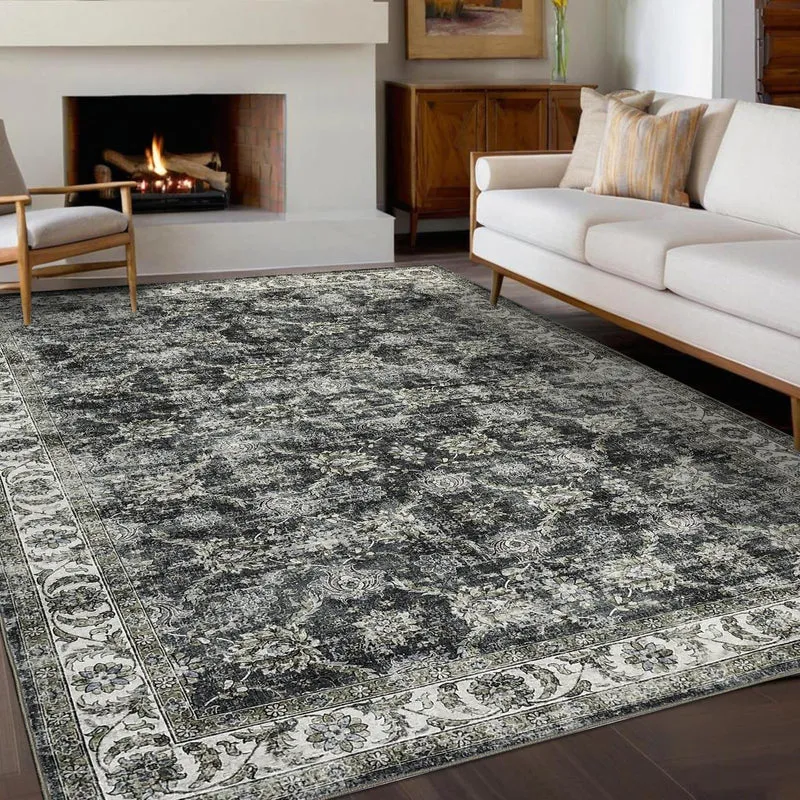 Garvee Teppich Waschbar Vintage Grau Kurzflor Rutschfest Polyester TPR-Gummirückseite Flachgewebe Wohnzimmer Flur