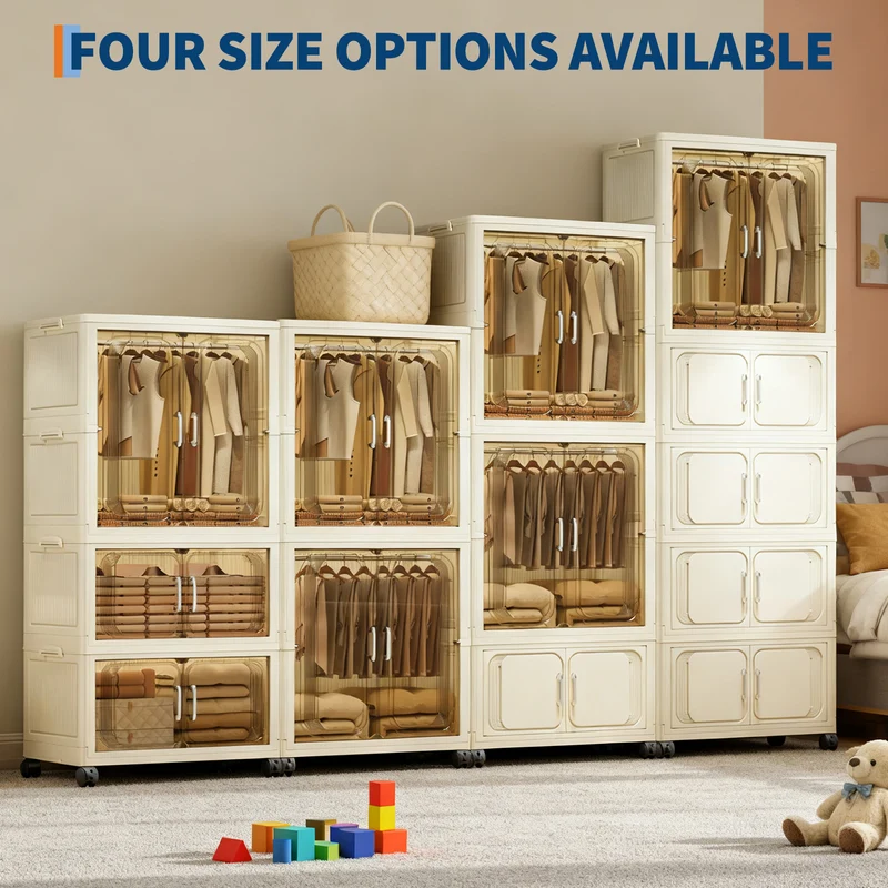 Garvee Organisateur Portable Pour Vêtements Avec Portes Magnétiques, Plastique Pliable, Roulettes Mobiles Pour Rangement Maison, Grande Capacité