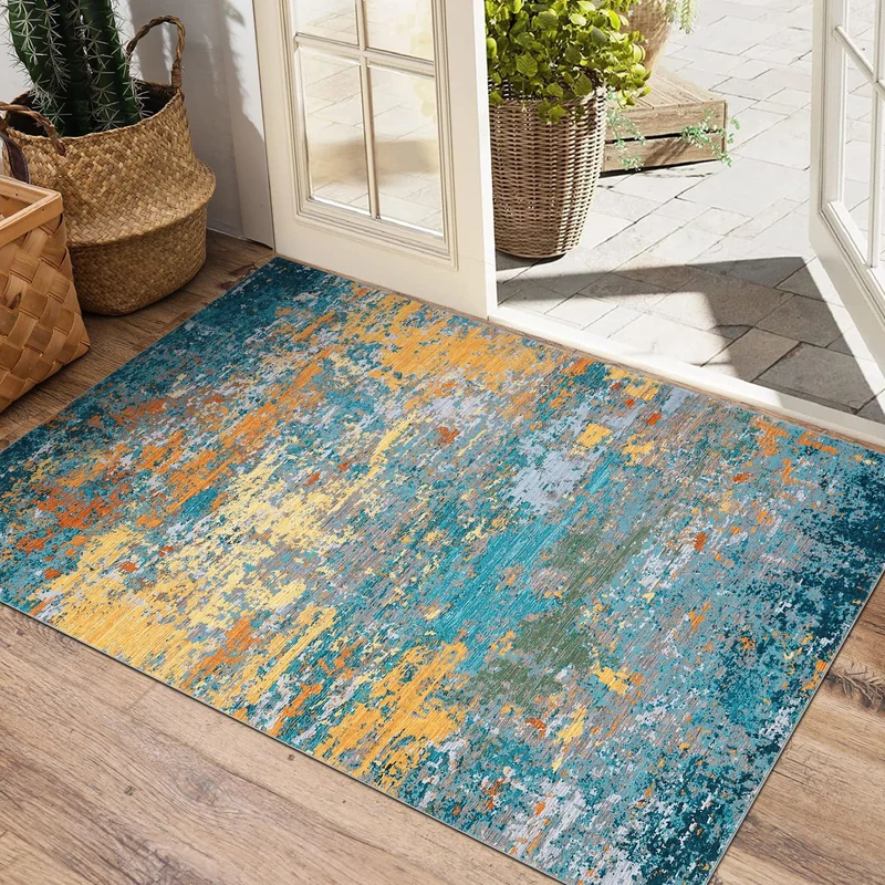 Garvee Kurzflor Teppich Abstrait Bleu-Or Aquarelle Polyester Durable Lavable Antidérapant TPR Salon Bureau