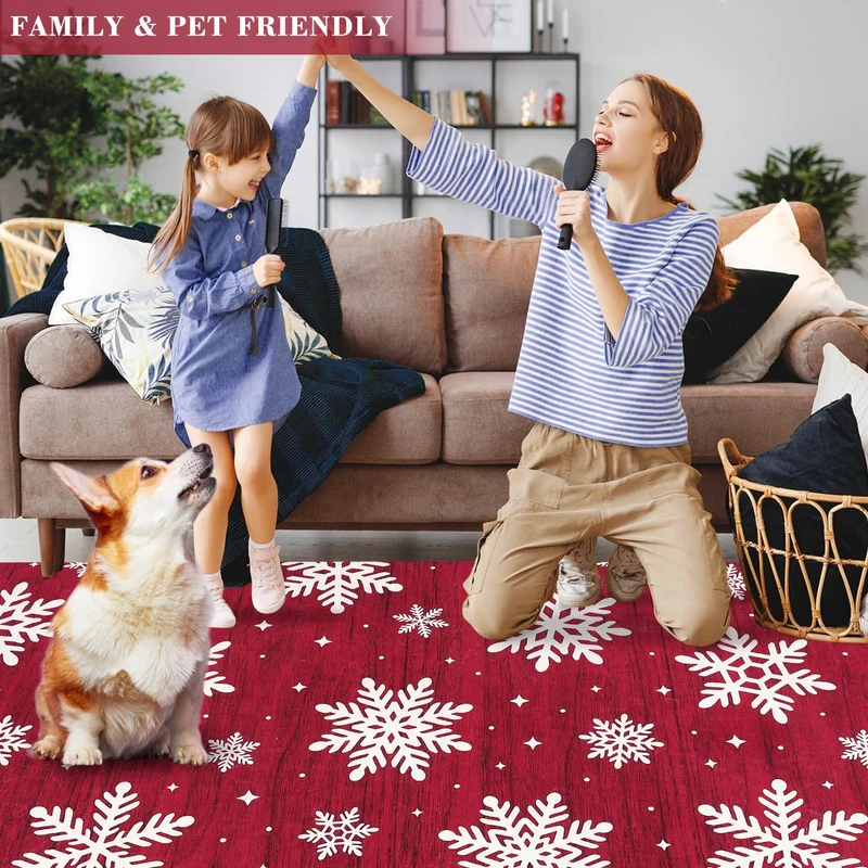Garvee Alfombra Navideña Antideslizante Lavable Microfibra Copos Nieve Base Goma TPE Para Sala Dormitorio Cocina Rojo Verde