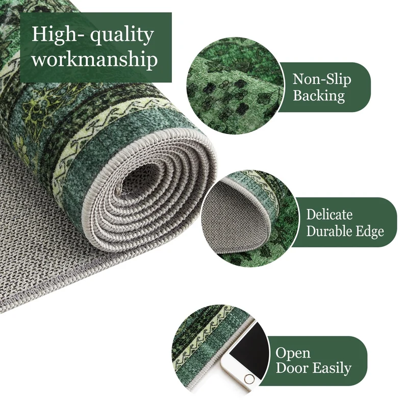 Garvee Alfombra Vintage Lavable Antideslizante En Polipropileno Para Salon Y Exterior 80x150 cm Verde