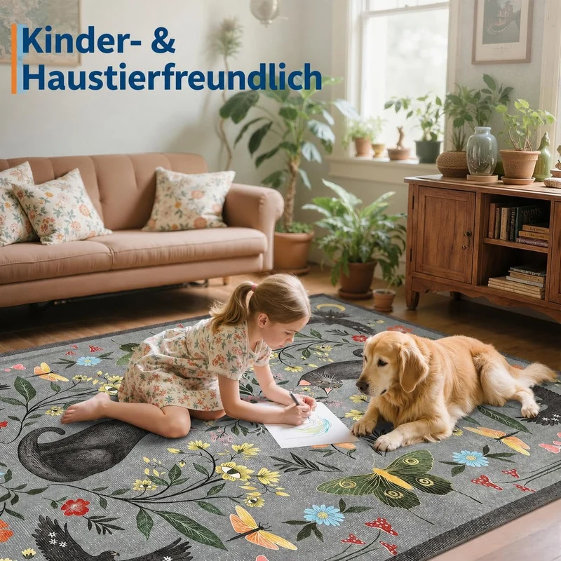 Garvee Tapis Chat Mystique Rétro Antidérapant Doux Synthétique Lavable Gris 240x340cm Salon Chambre Bureau