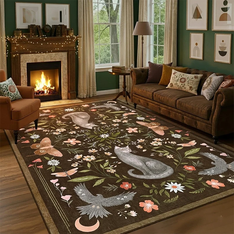 Garvee Tapis Chat Mystique Gothic Antidérapant Lavable 240x340cm Brun Pour Salon Chambre Enfants