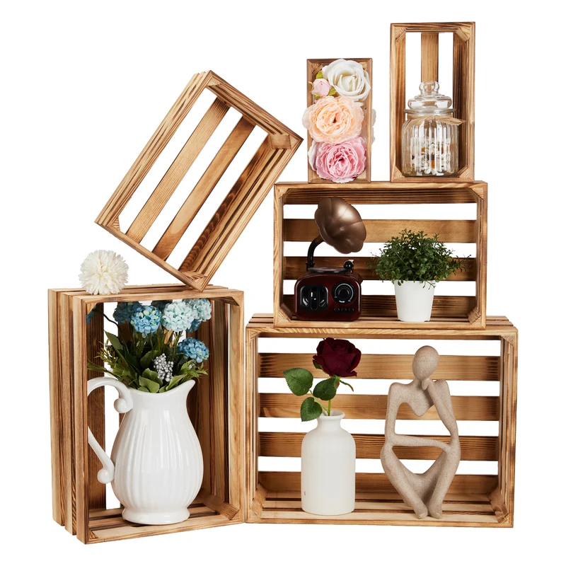 Garvee Caisse en Bois Rustique 6 Tailles Empilables avec Poignées en Pin - Rangement Durable pour Mariages et Étagères, Multi-Taille, Naturel