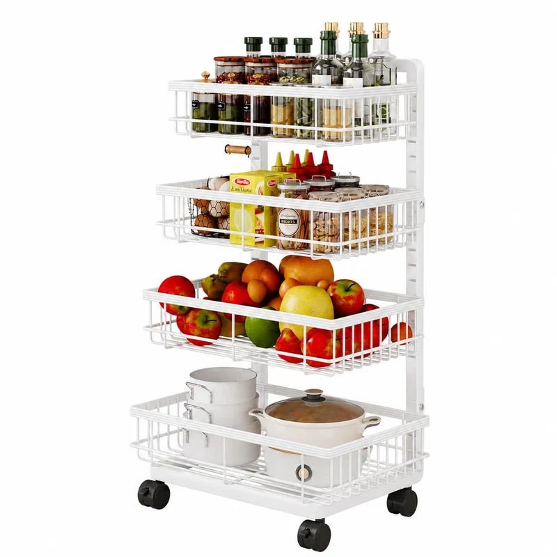 Garvee Aufbewahrungswagen 4 Ebenen Métal Avec Roulettes Et Paniers Grillage Pour Cuisine Et Bureau, Cadre Renforcé, Étagères Réglables, Noir