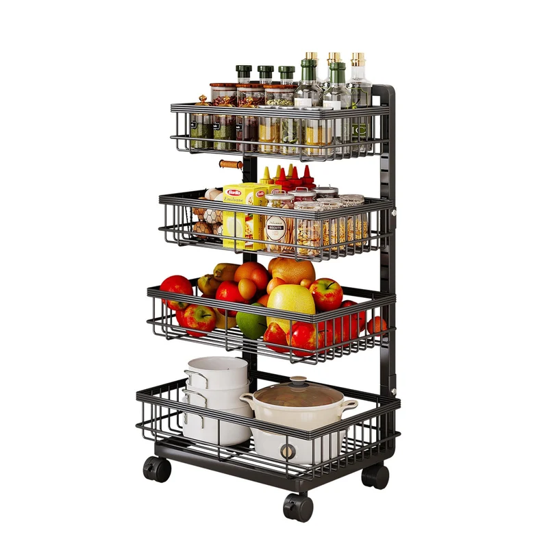 Garvee Aufbewahrungswagen 4 Ebenen Métal Avec Roulettes Et Gitterkorb Pour Cuisine Et Bureau, Cadre Renforcé, Tablettes Réglables, Paniers Amovibles, Freins Silencieux