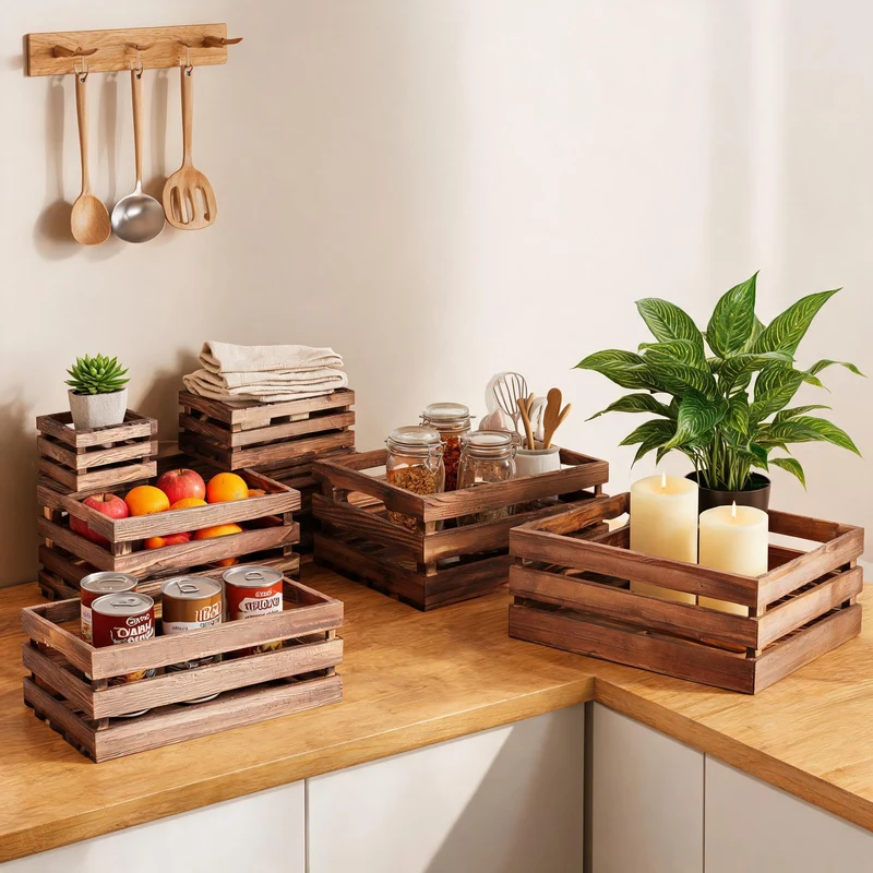 Garvee Casiers En Bois Rustiques Empilables Avec Poignées Pour Rangement Maison & Mariage, 6 Tailles, Pin Durable