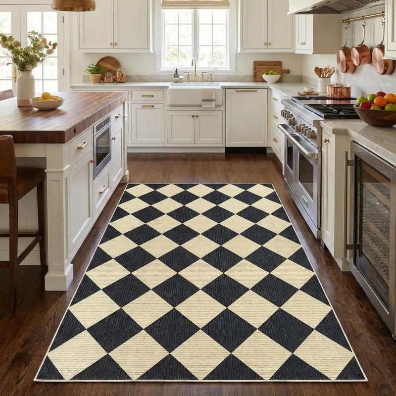 Garvee Tapis De Couloir À Carreaux Noir Et Blanc Pour Cuisine Et Salon, Lavable En Machine, Antidérapant, 120x60cm