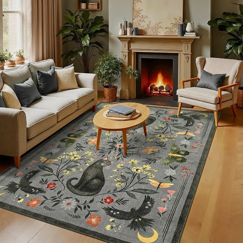 Garvee Tapis d'Intérieur Chat Lavable Motifs Floraux et Papillons Salon Chambre Bureau Doux Antidérapant