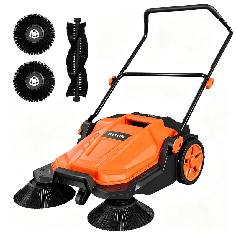 Garvee Balayeuse Manuelle 25,6" Large Avec Bac 5 Gallons Métal/Plastique Pour Garage Et Terrasse