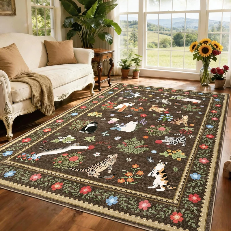 Garvee Tapis Chat Lavable Rembourré Antidérapant Velours Doux Motifs Animaux Brun 160x230cm Séjour Chambre Enfants