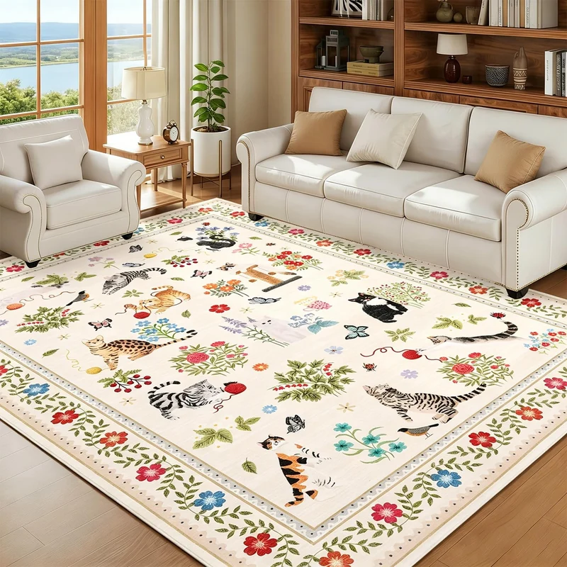 Garvee Tapis Chat Lavable Antidérapant Doux Perlesvelours Moderne Beige 160x230cm Pour Salon Chambre Enfants