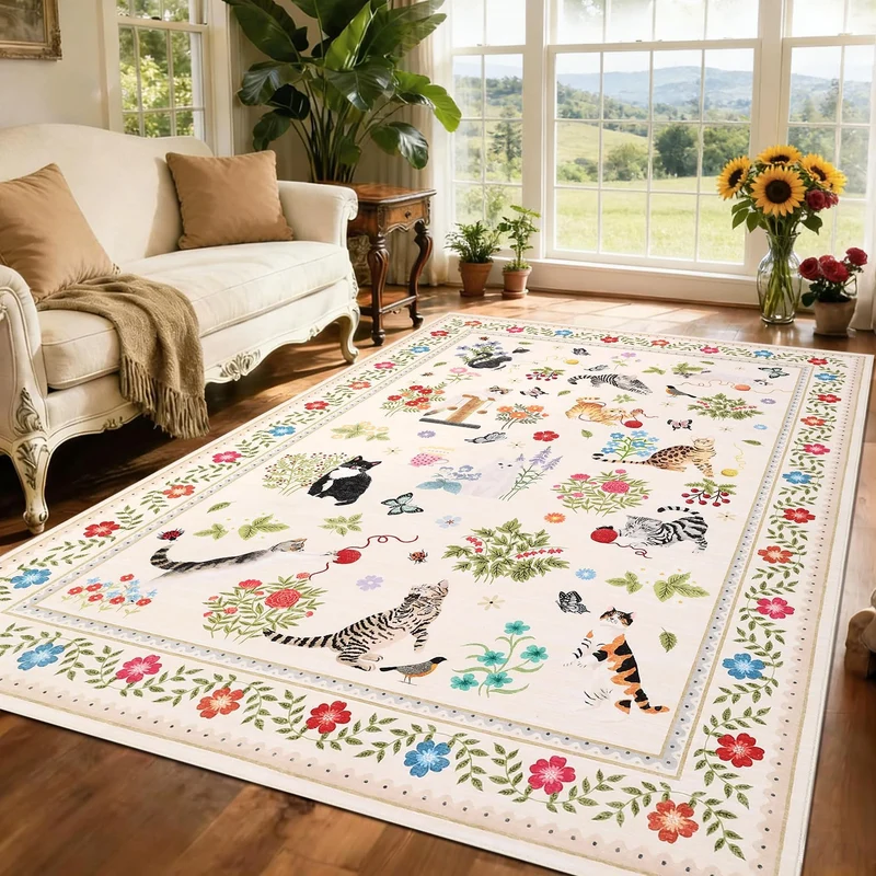 Garvee Tapis Chat Lavable Rétro Fleuri Antidérapant Perles Velours Doux Confort Beige 200x290cm Pour Salon Chambre Enfants