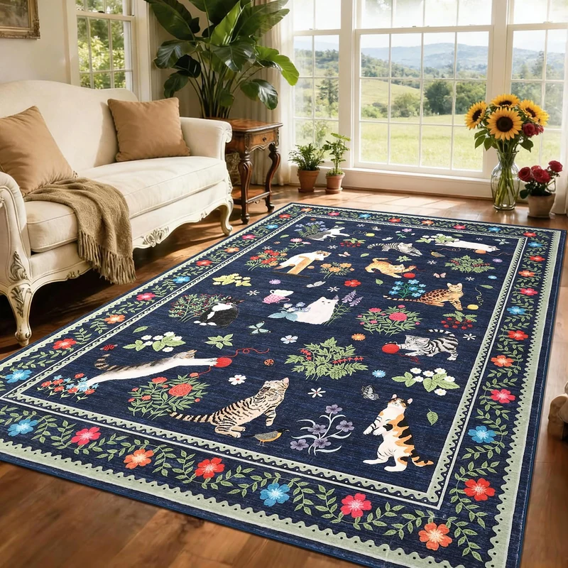Garvee Katzenteppich Waschbar Rutschfest Weich Perlenvelours Mit Modernem Katzenmotiv Für Wohnzimmer Schlafzimmer Kinderzimmer 200x290cm Blau