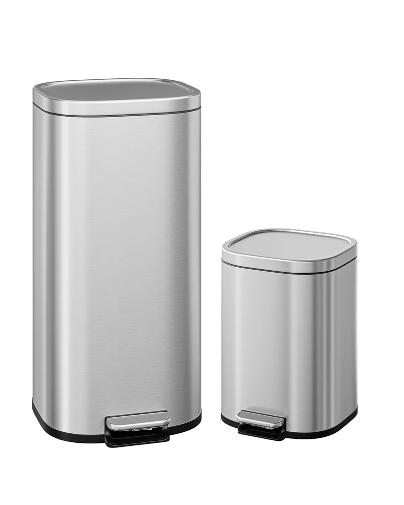 Garvee Set De 2 Poubelles Rectangulaires 30L & 6L Acier Inoxydable Avec Couvercle Silencieux Et Pédale Mains Libres Pour Cuisine, Finition Thermolaquée, Couleur Acier Inox